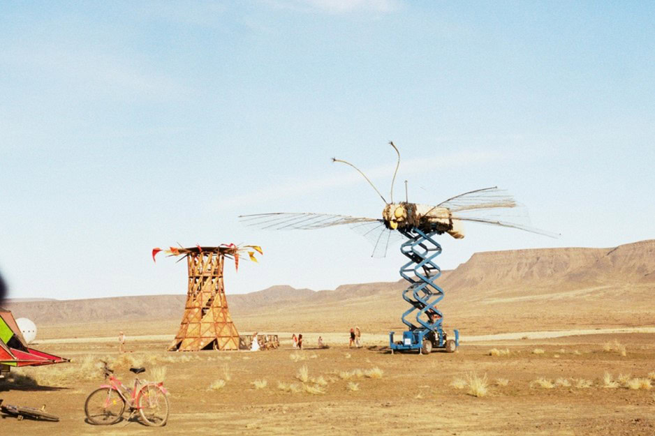 One of the structures from AfrikaBurn 2024 - The Tree of Stories - burnt at the end of the festival alongside one of the portable art installations.